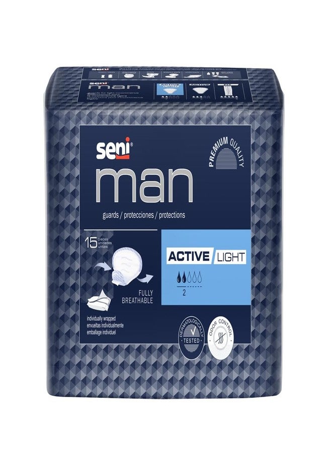 Seni Man Active Guards, Male Incontinence Bladder Control Pads, 7-1/2" x 9-3/10", 30 Count (2 Packs of 15), Light Absorbency with Adhesive Strip and Super Absorbent Core, for Men - Image 1